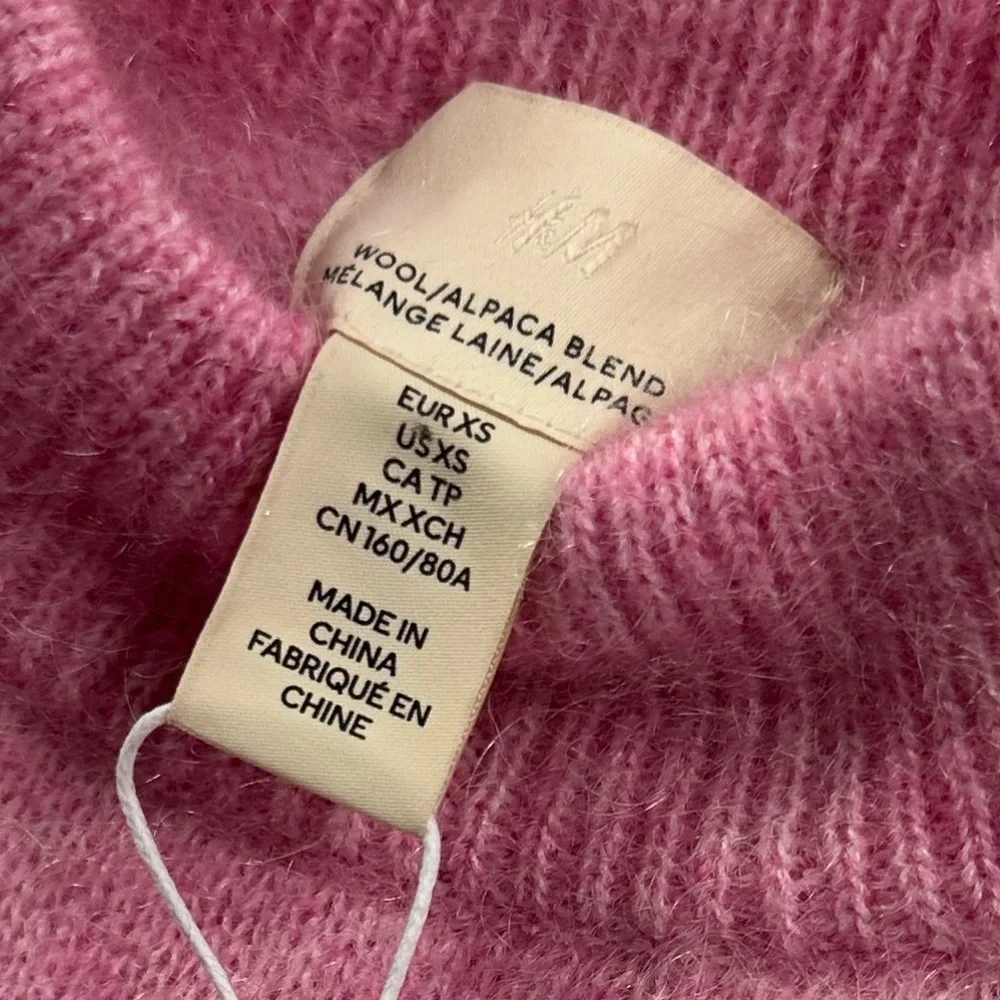 H&M Wool Mohair Blend Fuzzy Pink Split sleeve Hem Sweater Size XS NEW NWT